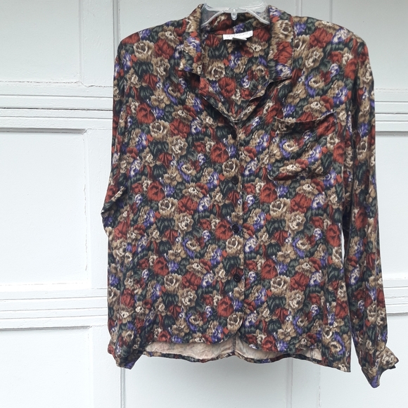Vintage Blouse Button Down Roses Bold Print Camo - Picture 2 of 13